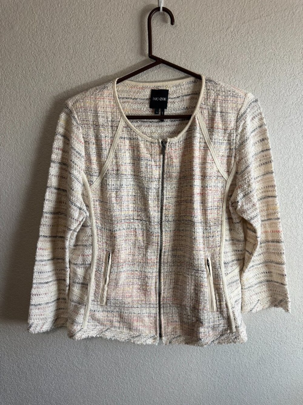 NIC+ZOE Cream Multicolor Tweed Zip Jacket Fringe Trim Womens Large L